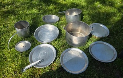 13 Piece Vintage Aluminum Nesting Camping Cook Kit Complete Lids Plates Handles