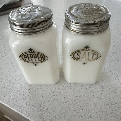 Antique Hazel Atlas Square White Milk Glass Salt & Pepper Shakers, Vintage