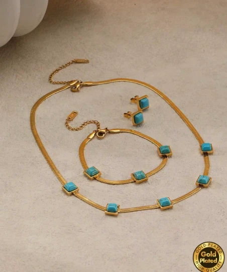 Natural Turquoise Necklace Bracelet Earring Set 18K Gold Plated Stainless Steel - Image 3 of 4