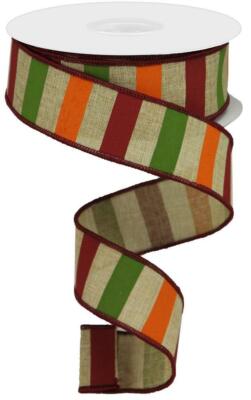 Horizontal Stripe Ribbon, Dark Moss, Orange, Burgundy on Beige Royal, Wired Ribb