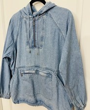 Y2k Christopher & Banks Washed Denim Pullover Front Zip Hoodie Jacket Size S