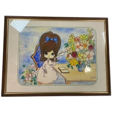 Vtg 1968 60s Artist Marc Porter Watercolor Painting Large Big Eye Girl Mod