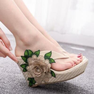 Women's Wedge Slippers Platform Shoe Flip Flops Beach Flowers High Heels Sandals