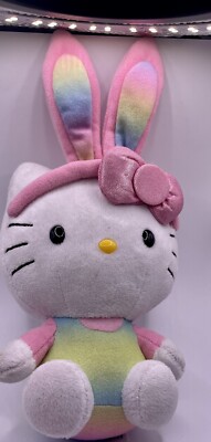 Ty Beanie Babies 6.5  Hello Kitty Plush Rainbow Easter Pink Bunny Ears 2013 Used