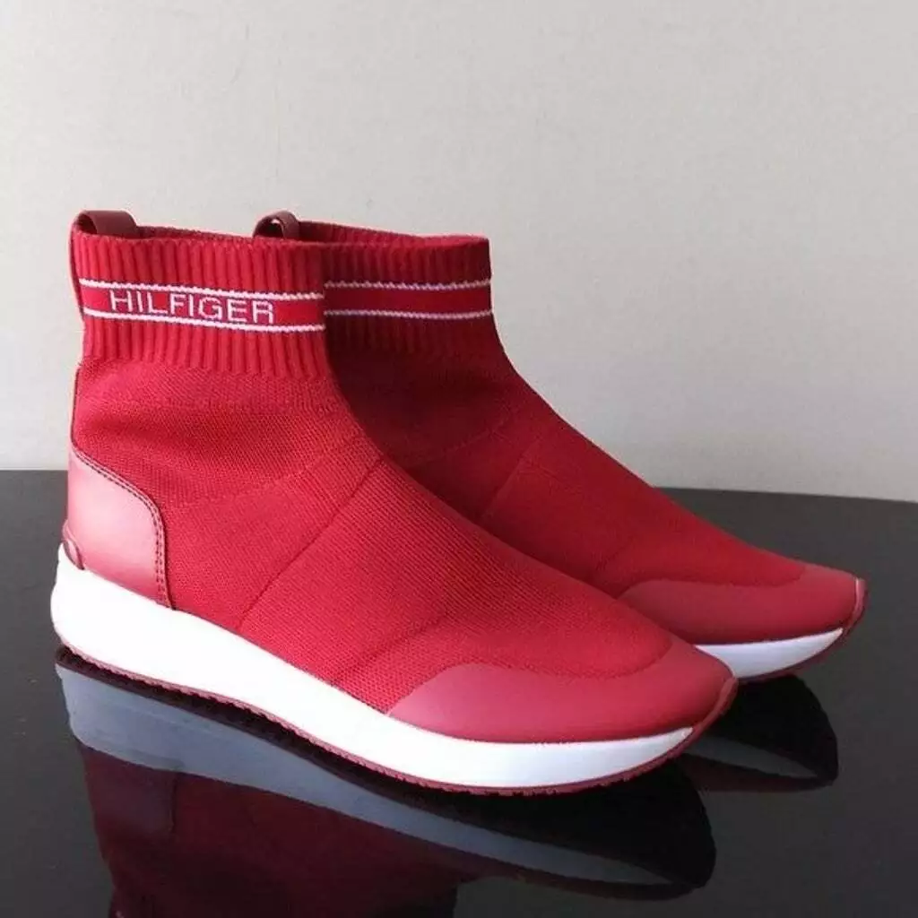 TOMMY HILFIGER Reco Women Sz 6 7 8 8.5 10 Red High Top Slip On Sock Sneaker