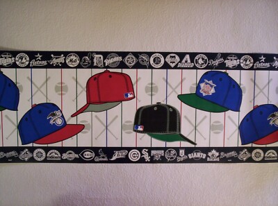 VINTAGE BASEBALL CAPS ROYALS RED SOX BLUEJAYS  PREPASTED WALLPAPER BORDER 595795