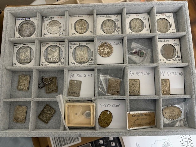 Gimbel Brothers Charge Coin Token Collection - 21 Coins, 3 Service Pins, 1 Card