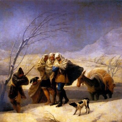 THE SNOWSTORM WINTER SNOW FREEZING HUNTERS DOG 1786 PAINTING BY GOYA REPRO