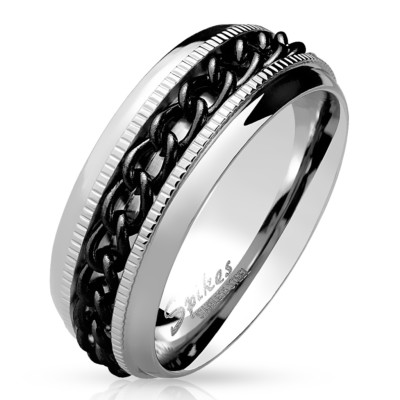 BAGUE ANNEAU HOMME ACIER INOXYDABLE ET CHAINE NOIRE ANTI-STRESS