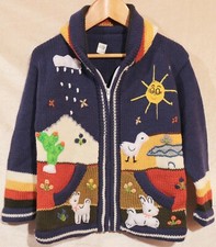 Strickjacke jeansblau bunt Gr. 110*116 lange Kapuze Peru Tiere Bauernhof 8JB 1