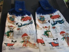 LOT OF TWO CROCHETED HANGING KITCHEN TOWELS DOGS DRESSED  FOR CHRISTMAS