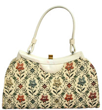 TRUE VINTAGE FLORAL MULTICOLOR TAPESTRY IVORY VINYL FRAME CLASP HANDBAG PURSE