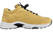 Chanel 22A Beige Suede Printed CC Logo White Flat Runner Trainer Sneaker 38.5