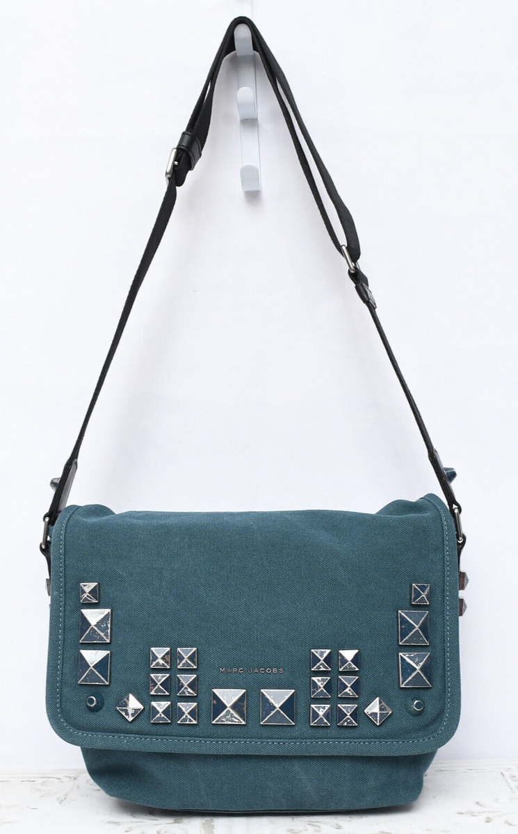 Marc Jacobs Chipped Stud Canvas Messenger Bag PURSE Teal Courier