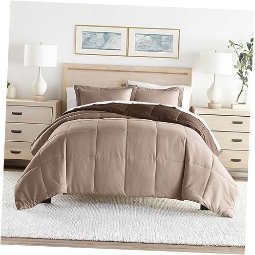 Reversible Taupe Queen Comforter Set - 3 Piece Full/Queen Bedding