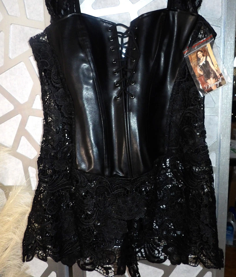 DREAMGIRL BEYONCE BLACK FAUX LEATHER & VENICE LACE CORSET, BUSTIER DRESS(SZ: 44) - Image 4 of 4