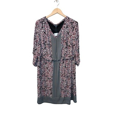 Roz & Ali Paisley Dress Womens 1X 3/4 Sleeve Boho Tunic Shift Black Red White