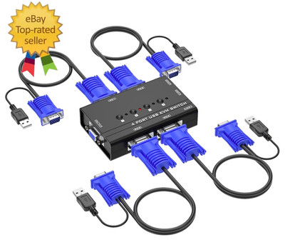 VGA KVM Switch,  4 Port USB VGA KVM Switch W/4 KVM Cables & 3 USB Hubs for 4 Com