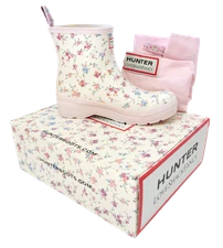 New NIB LoveShackFancy Hunter Play Sunrise Patchwork Pink Floral Short Rain Boot