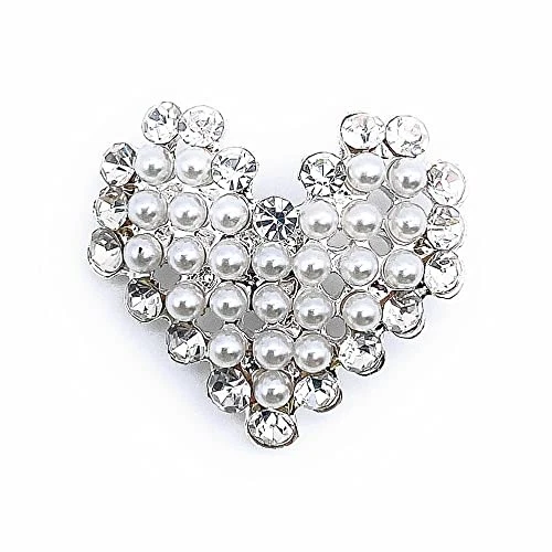 5 Pcs Heart Shaped Sliver Rhinestone and Pearls Sew on Buttons Embellishments... - Image 3 of 4
