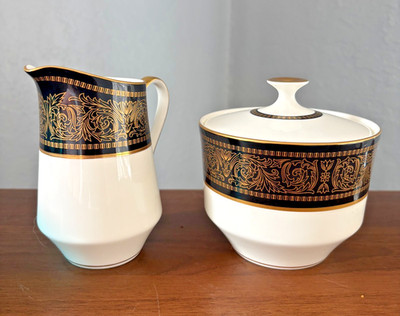 set of MIKASA Bone China Mount Holyoke  Lidded Sugar Bowl & Creamer  Black/Gold