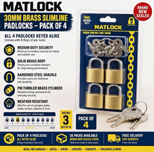 Matlock 30mm Brass Slimline Padlocks 4 Pack Keyed Alike MTL-950-7980K