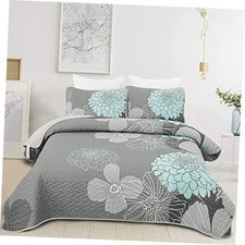 Grey Aqua Floral Quilt Set Queen Size Summer Botanical Queen 96"x90" Aqua Grey