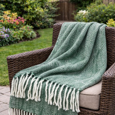 Hunter Green Herringbone Pattern Throw Blanket Wool Blend Fringe 85"x53" GRN-18