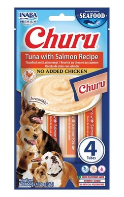 INABA Dog Churu Fish Based Tuna with Salmon Recipe Leckerlis mit Thunfisch 4x14g