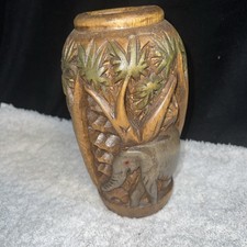 Wood Vase Sculpture Art Hand Carved Figural 3D Elephant Jungle Trees