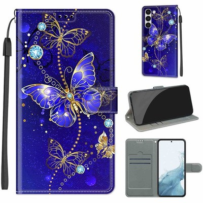 For Various Phone Blue Golden Chain Butterfly Wallet Case Card Flip Stand Cover