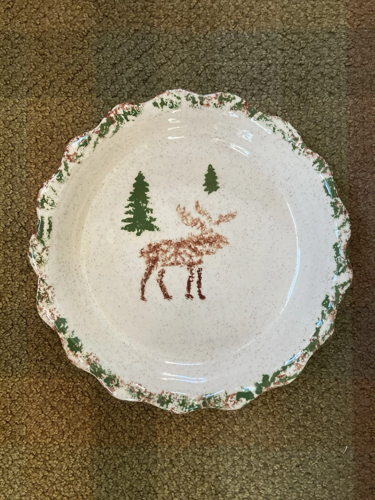 NH Made Deep Dish 11” Moose Pin Trees Ceramic Pie Plate Cabin Lodge Decor