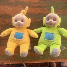2 Vintage 1998 Eden Teletubbies 8" Laa-Laa Lala Dipsy Flocked Fuzzy Face Plush