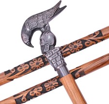 Floral Carved Wooden Walking Stick, Brass Skull Raven Handle, Gothic Cane