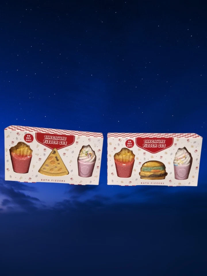 DIVAS WORLD Takeaway Fizzer Set Burger oder Pizza Badebombe Geschenkbox Spaß Entspannung Einweichen 3x40g