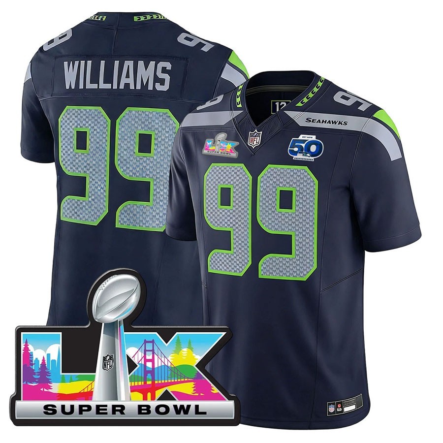 Men's Seahawks Leonard Williams Navy Super Bowl LX Patch  Stitched Jersey