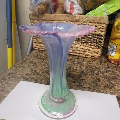 Hand Blown Glass Trumpet Flower Vase Pink Blue Green Decorative Abstract