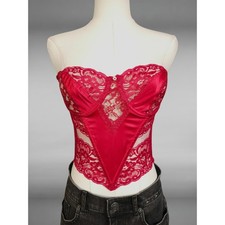 Vintage Y2K Red Lace Satin Corset Top Strapless Bustier Bra 36B Coquette Goth