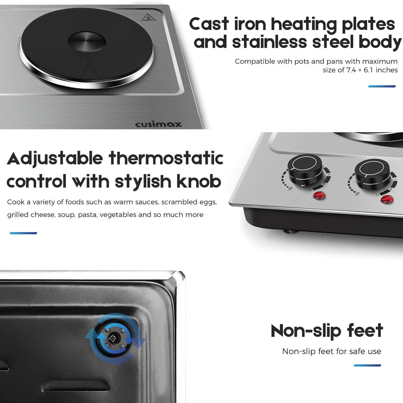 CUSIMAX 1800W Double Hot Plate, Stainless Steel Silver Countertop Burner Port...