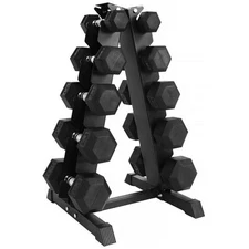 BalanceFrom 150LB Rubber Coated Hex Dumbbell Weight Set with A-Frame Rack, 5-25