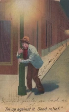 Bamforth Drunkard Richmond VA Up Against It antique 1910 - Half Tone Postcard