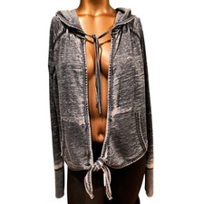 DKNY Jeans Tie Front Cropped Hooded Jacket with Pockets and Tie, Gray, Size M