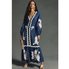 Farm Rio Anthropologie Flounce Embroidered Maxi Linen Dress Boho Cottagecore Med