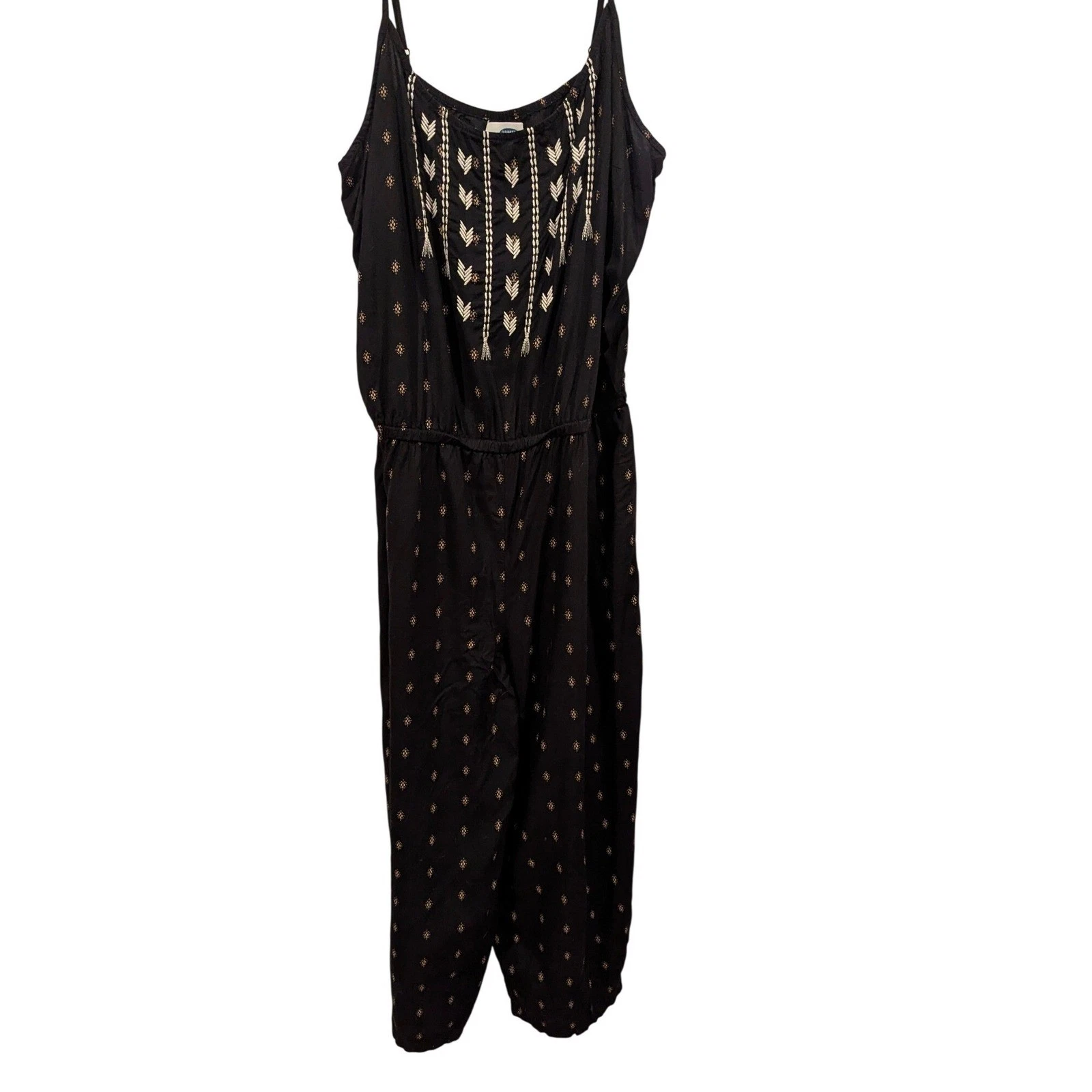 OLD NAVY Black Boho Embroidered Jumpsuit Cropped Legs Elastic Waist Size L