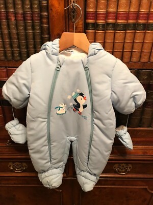 Baby Boys  Pale Blue Padded Snowsuit - Age 0-2 Months - New - Baby Shower Gift