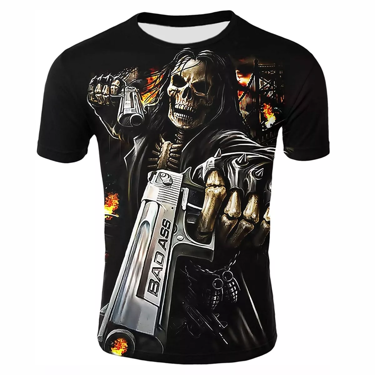 Gothic Skeleton Badass Gun Firing 3D All Over Print T-Shirt Sizes S-5XL