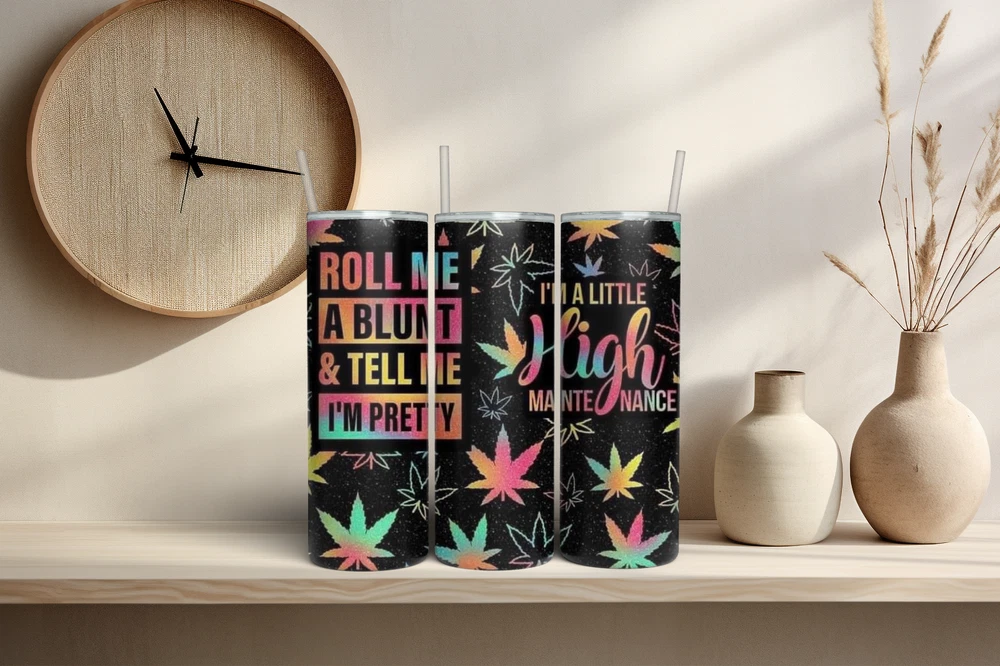 Tumbler Skinny 20oz  w/ Lid & Straw  Weed Leaf Cannabis Marijuana 420