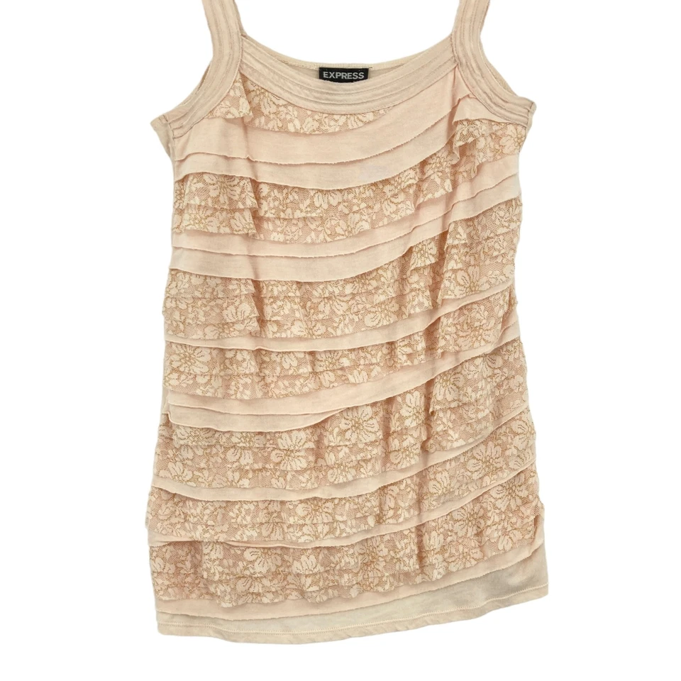 Женская майка Express XS бежевая вязаная хлопковая с круглым вырезом кружевная с оборками пуловер - Изображение 3 из 4