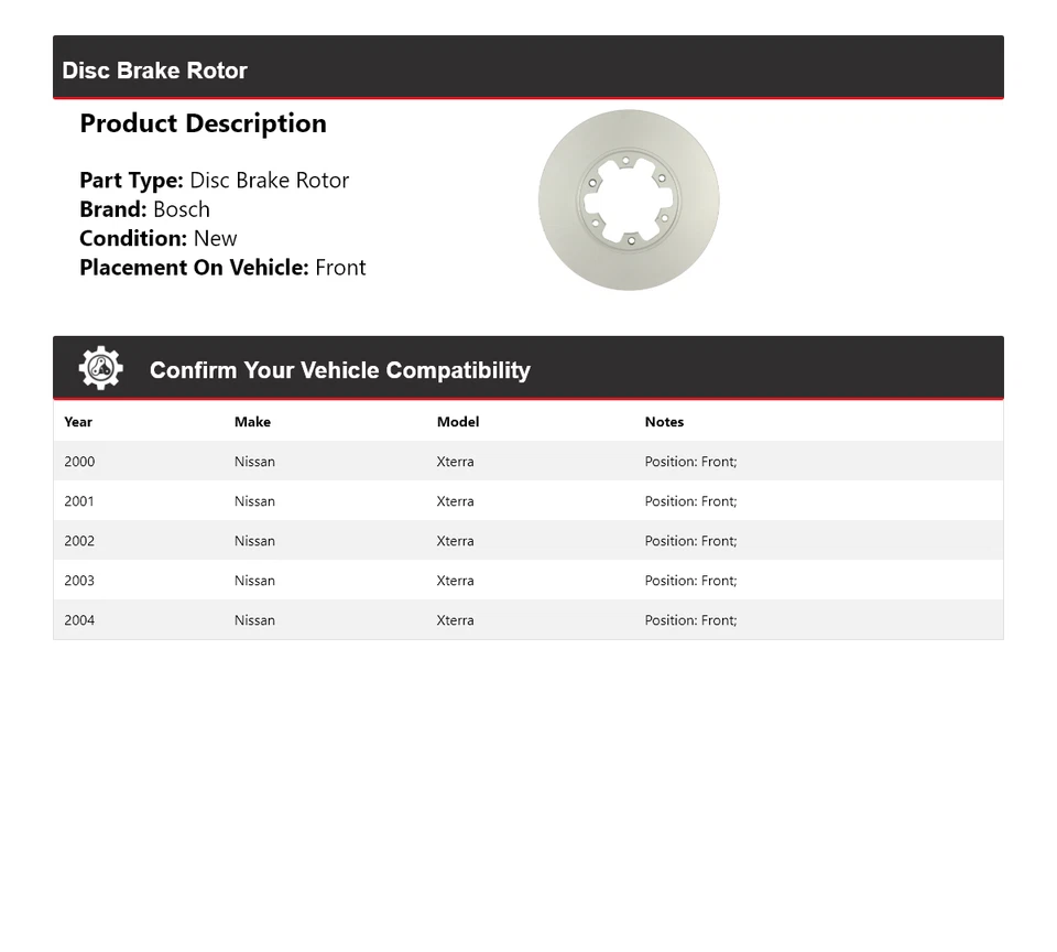 Rotor de freno de disco delantero QuietCast para Nissan Xterra Bosch 2000-2004 2001 2002 Foto 2 de 4
