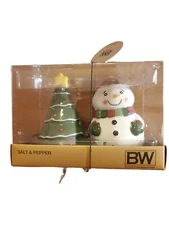 Boston Warehouses Christmas Tree & Snowman Ceramic Salt & Pepper Shaker Set NIB